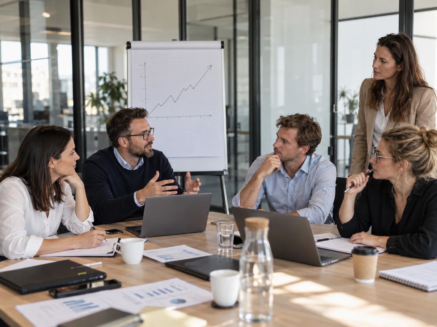 Réunion de travail en équipe autour d'une table, devant un tableau de progression