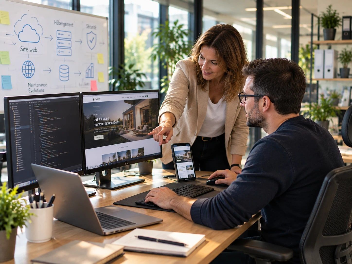 Une cliente découvre son nouveau site web avec le développeur, sur ordinateur et smartphone