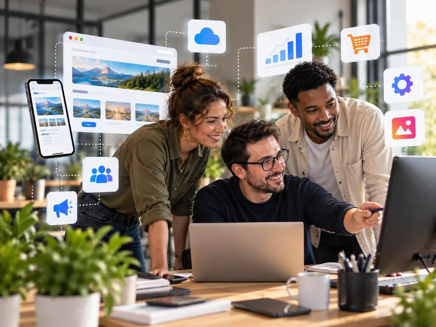 Trois collègues souriants devant un écran, entourés de visuels de site web, de cloud et de statistiques